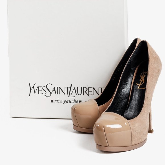 Saint Laurent Beige Suede Patent Leather Tribtoo Platform Pumps - Picture 11 of 11